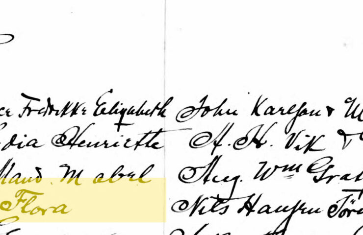 Entry in Bethel Lutheran Church baptismal register for Flora Sorenson. Column 1 (entry number): 4. Column 2 (date of birth): 1/1. Column 3 (date of baptism): 3/2. Column 4 (name): Flora. Column 5 (parents names): Nils Hansen Sorenson and Katrina Marie.